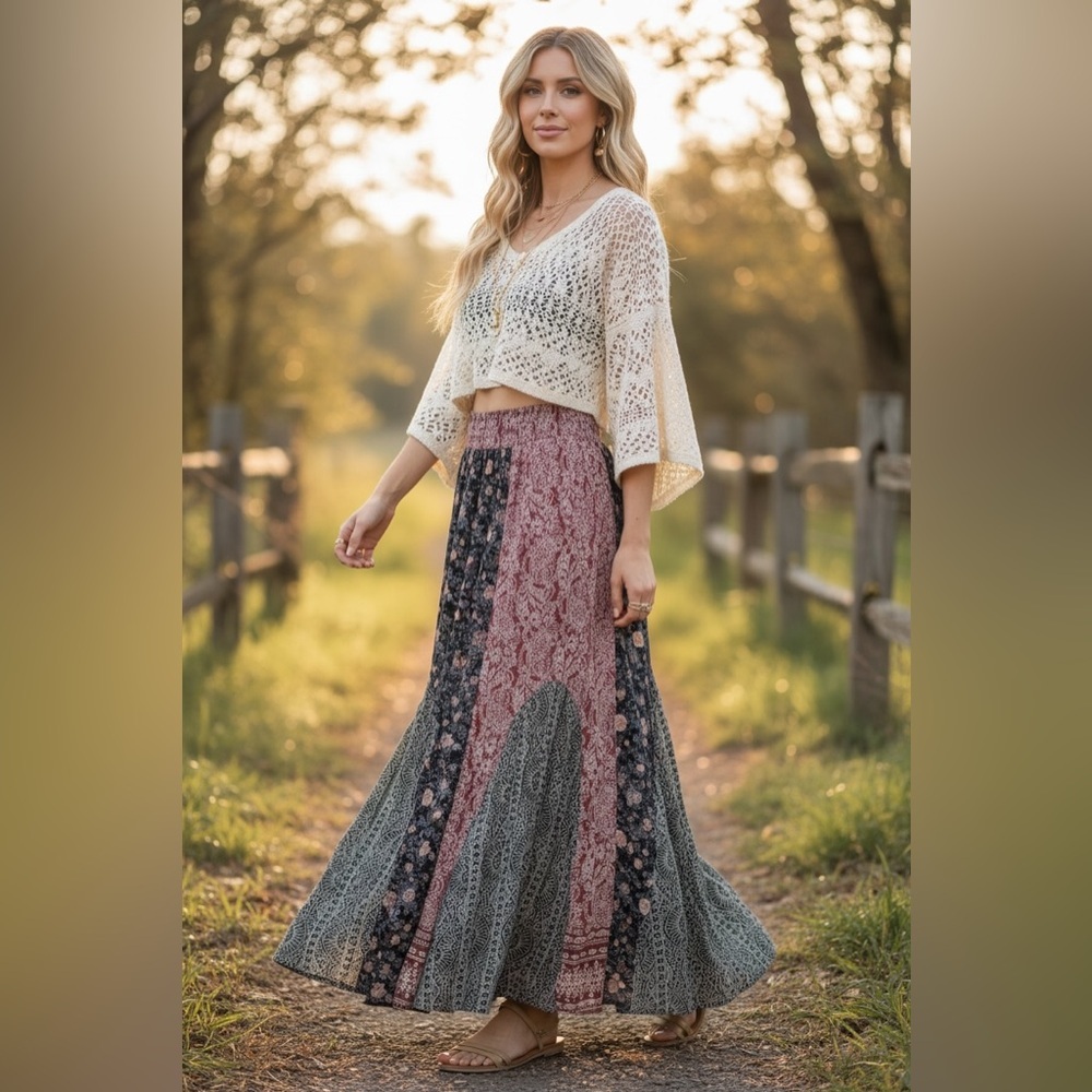 NWT Angie Boho Mixed Media Floral Print Maxi Skirt - Picture 6 of 9